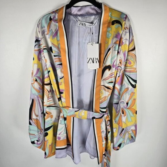 NWT ZARA Satin Printed Short Kimono 70s Lilac with Belt 7929/075 Size XS - Picture 6 of 16